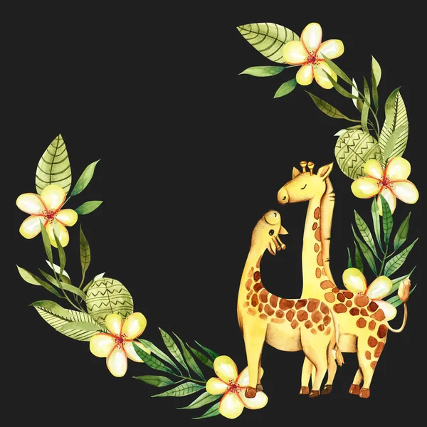 Grinalda Com Girafas Aquarela Bonito Flores Elementos Florais Desenhado Mão — Fotografia de Stock