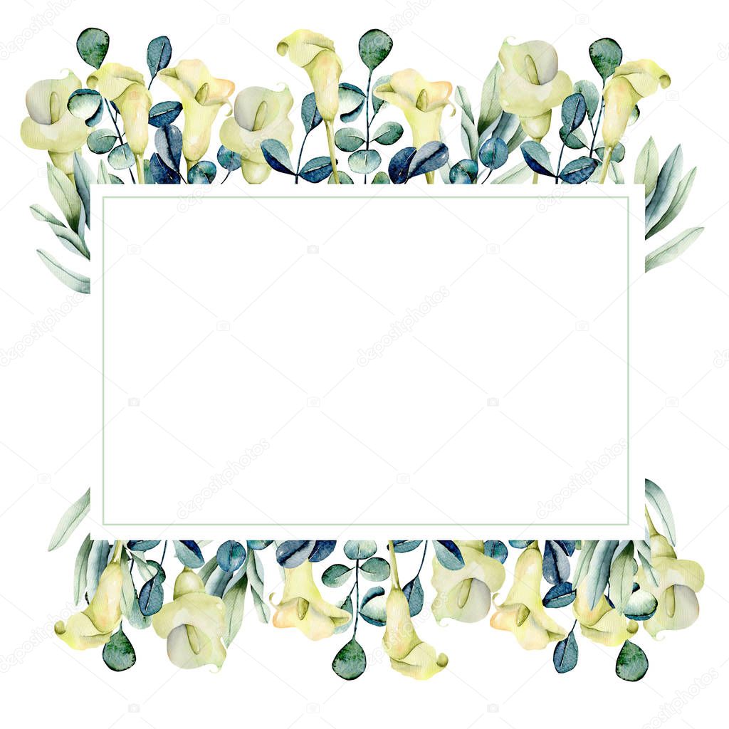 Frame with watercolor white callas flowers and eucalyptus branches, hand painted on a white background, design perfect for wedding