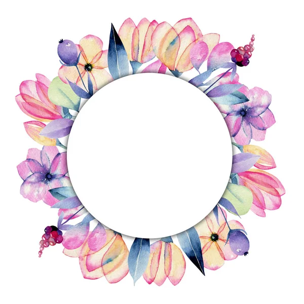 Aquarel Pastel Apple Blossom Bloemen Ronde Frame Met Hand Geschilderd — Stockfoto