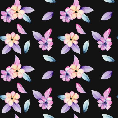 Suluboya pastel elma çiçeği çiçek ve ihale mor yaprakları seamless modeli, el karanlık bir arka plan üzerine boyalı
