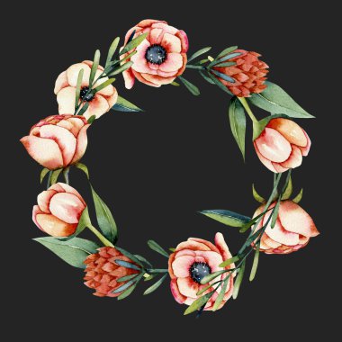 İllüstrasyon koyu arka plan üzerinde çelenk suluboya mercan anemone ve protea çiçekler, el boyalı