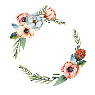 Resimde beyaz bir arka plan üzerinde çelenk suluboya mercan ve beyaz anemone ve protea çiçekler, el boyalı