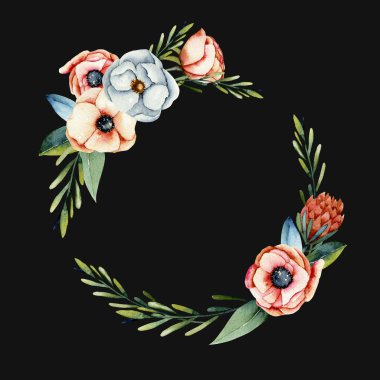 İllüstrasyon koyu arka plan üzerinde çelenk suluboya mercan ve beyaz anemone ve protea çiçekler, el boyalı