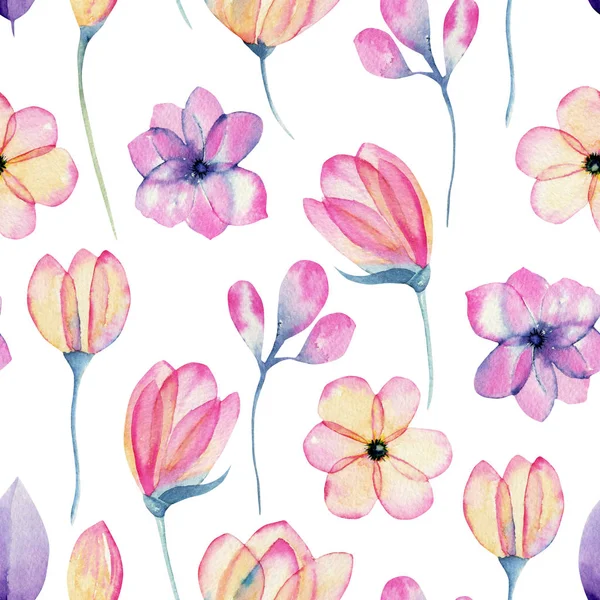 Akvarell Pasztell Rózsaszín Almás Virág Virágok Varrat Nélküli Mintát Kézzel — Stock Fotó