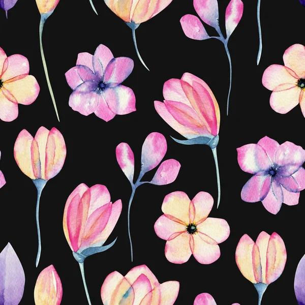 Watercolor Pastel Pink Apple Blossom Flowers Seamless Pattern Hand Painted — Free Stock Photo