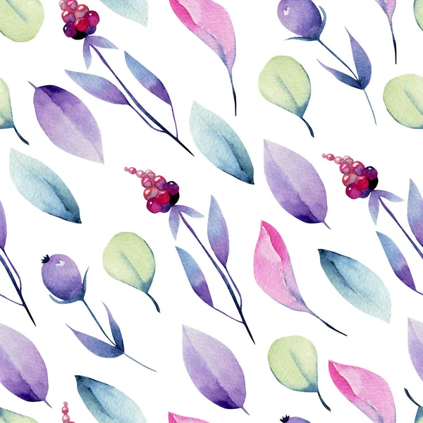 Watercolor Pastel Leaves Berries Seamless Pattern Hand Painted White Background — Stock Photo, Image