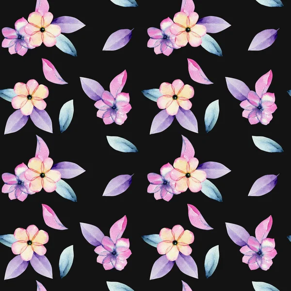 Watercolor Pastel Apple Blossom Flowers Tender Purple Leaves Seamless Pattern — Stock Photo, Image