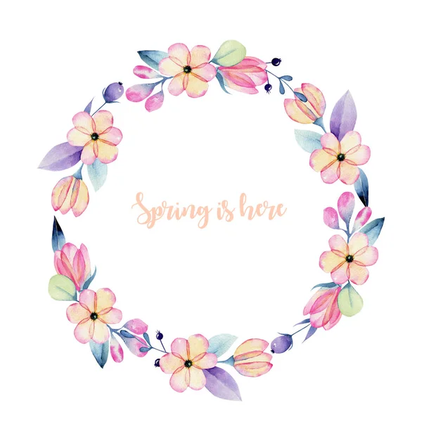 Wreath of watercolor pink and purple spring pastel flowers, hand painted on a white background