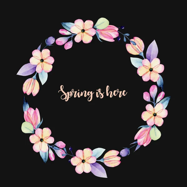 Kranz Aus Rosa Und Lila Frühlingsblumen Handbemalt Auf Dunklem Hintergrund — Stockfoto