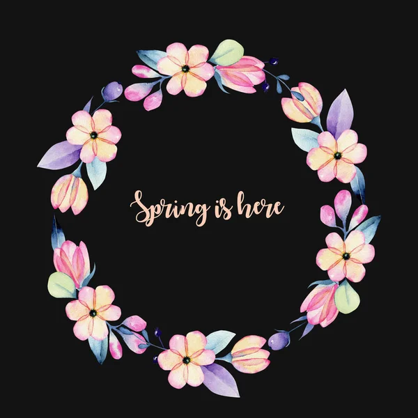 Wreath Watercolor Pink Purple Spring Pastel Flowers Hand Painted Dark — Stock Photo, Image