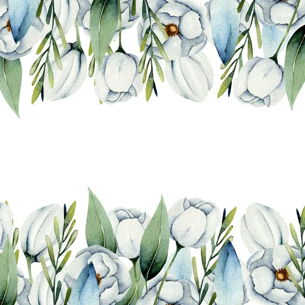 Şablon Suluboya Beyaz Anemon Çiçekleri Sınırları Kartı Beyaz Bir Arka — Stok fotoğraf