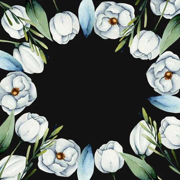 Kort Mall Akvarell Vit Anemone Blommor Gränser Handmålad Mörk Bakgrund — Stockfoto