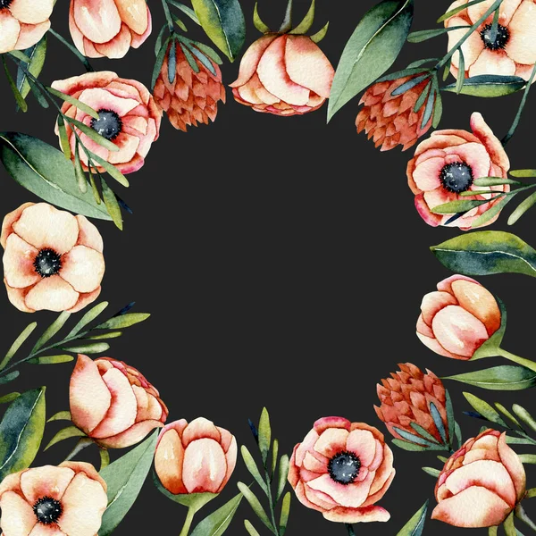 Adresskortsmallen Akvarell Korall Anemone Och Protea Blommor Gränser Hand Målade — Stockfoto