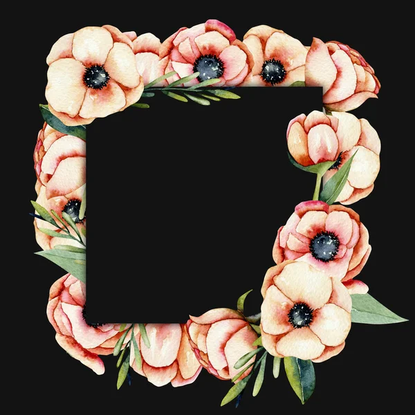 Frame Van Aquarel Koraal Anemone Bloemen Hand Geschilderd Een Donkere — Stockfoto