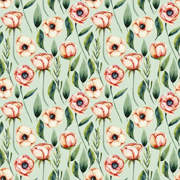 Watercolor Coral Anemone Flowers Green Leaves Seamless Pattern Hand Painted — Free Stock Photo