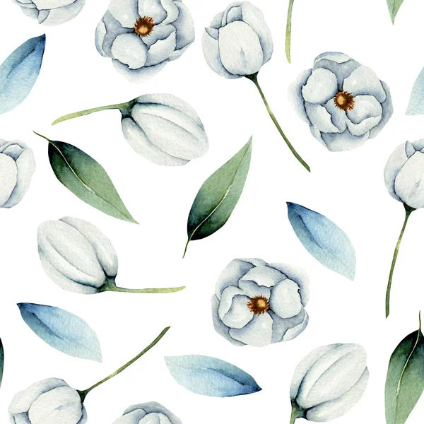 Akvarelu Bílá Sasanka Květiny Vzor Bezešvé Ručně Malované Bílém Pozadí — Stock fotografie