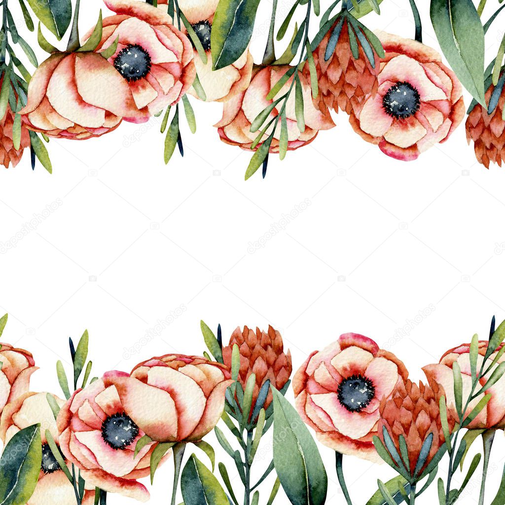 Card template of watercolor coral anemone and protea flowers borders, hand painted on a white background