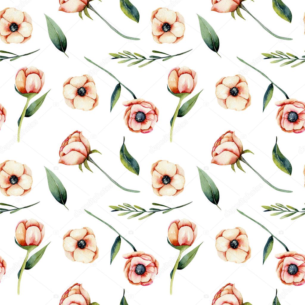 Watercolor coral anemone flowers and green leaves seamless pattern, hand painted on a white background