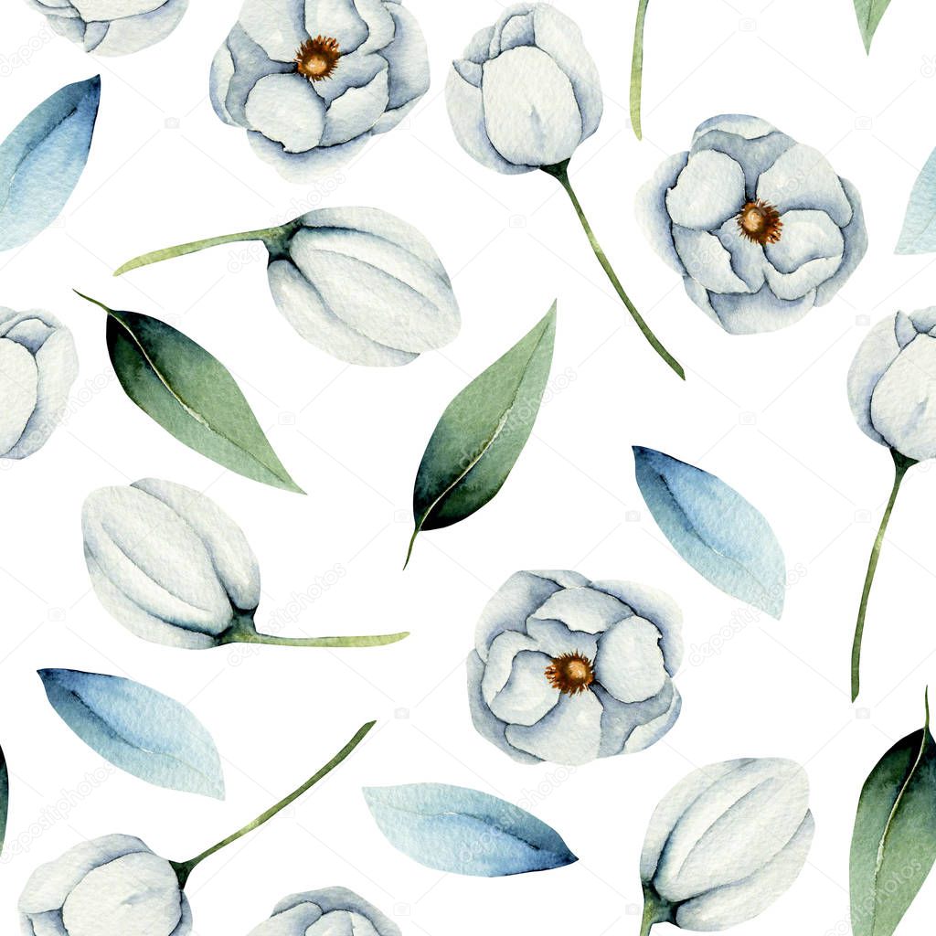 Watercolor white anemone flowers seamless pattern, hand painted on a white background