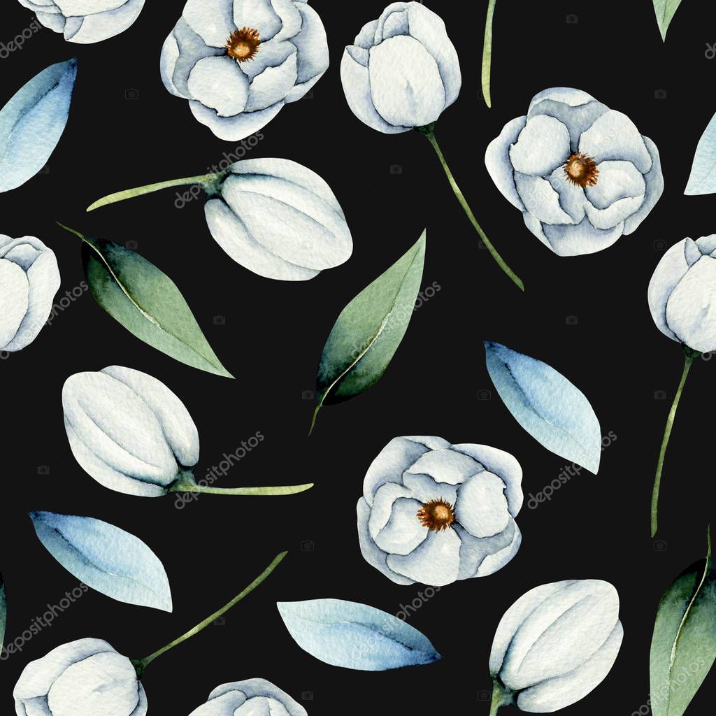 Watercolor white anemone flowers seamless pattern, hand painted on a dark background