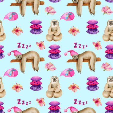 Watercolor cute sleeping sloths seamless pattern, hand drawn on a blue background clipart