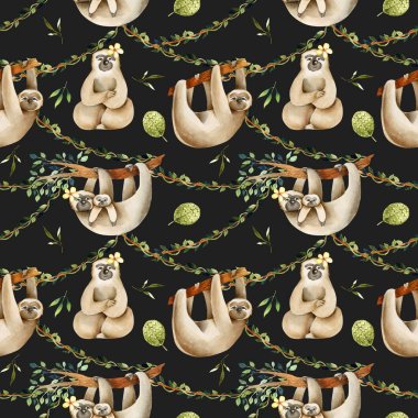 Suluboya sevimli tembel ağaçlar üzerinde asılı dikişsiz desen, el koyu bir arka plan üzerinde çizilmiş