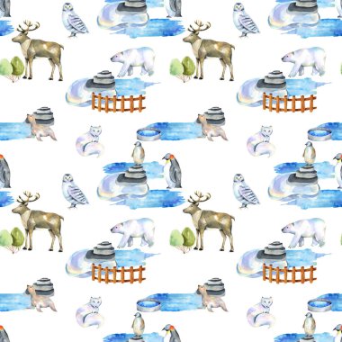 Hayvanat bahçesinde suluboya kutup hayvanları dikişsiz desen, el beyaz bir arka plan üzerine çizilmiş
