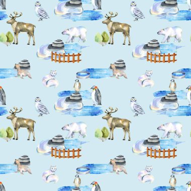 Hayvanat bahçesinde suluboya kutup hayvanları dikişsiz desen, el mavi bir arka plan üzerine çizilmiş