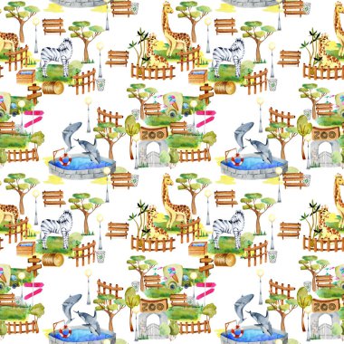 Suluboya zürafalar, zebra ve balinalar hayvanat bahçesinde sorunsuz desen, el beyaz bir arka plan üzerine çizilmiş
