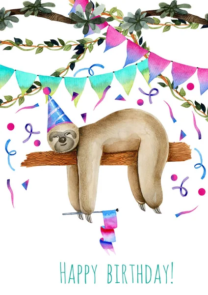 Card Template Watercolor Sleeping Sloth Birthday Card Design — Stock Photo, Image