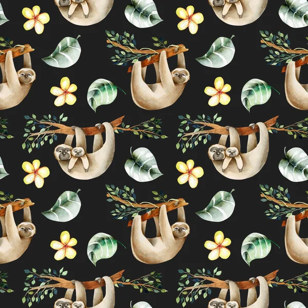 Akvarell Söta Sengångare Hängande Träden Och Blom Element Sömlösa Mönster — Stockfoto