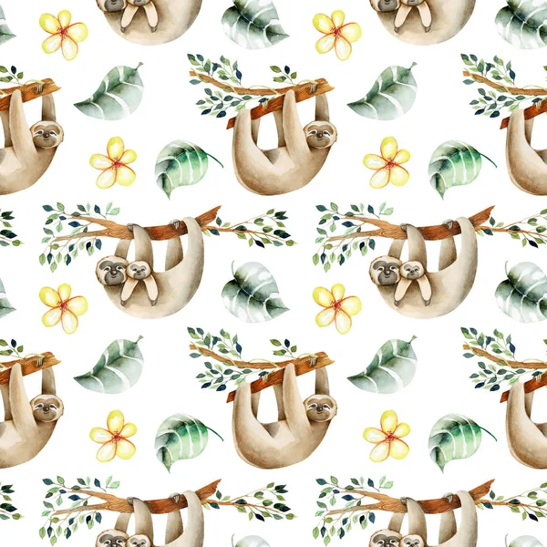 Watercolor Cute Sloths Hanging Trees Floral Elements Seamless Pattern Hand — Stock Photo, Image