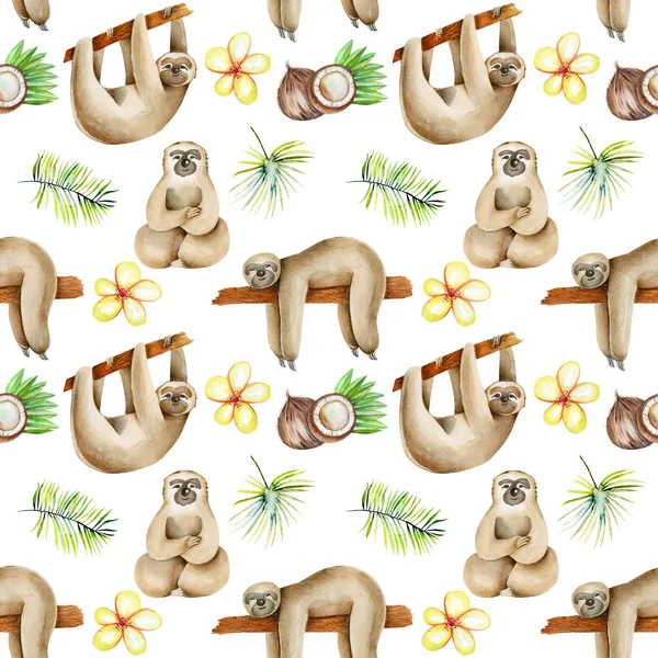 Akwarele Leniwe Kokosy Egzotyczne Elementy Kwiatowe Bez Szwu Ręcznie Rysowane — Zdjęcie stockowe