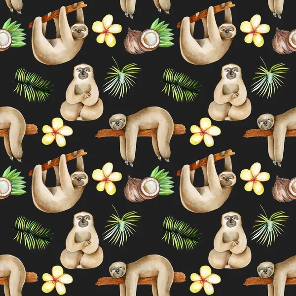 Aquarell Faultiere Kokosnüsse Und Florale Exotische Elemente Nahtloses Muster Handgezeichnet — Stockfoto