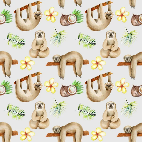 Akwarele Sloths Orzechy Kokosowe Kwiatowy Egzotyczne Elementy Bezszwowe Wzór Ręcznie — Zdjęcie stockowe