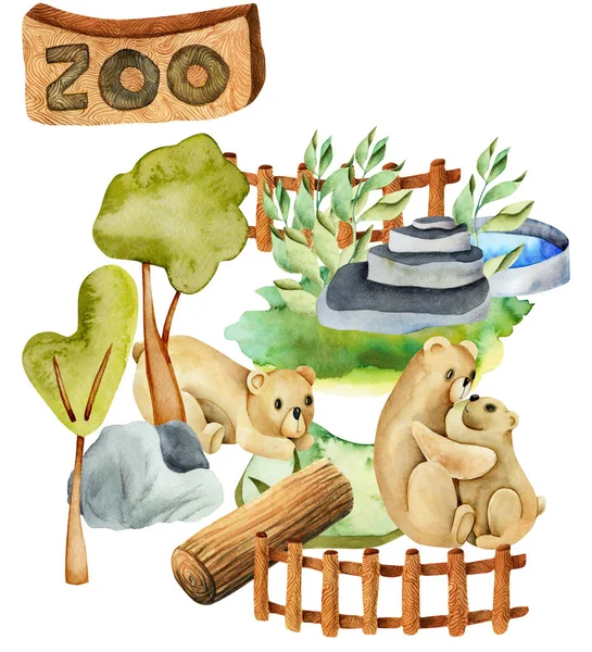 Watercolor illustration of bears at the zoo, isolated scene hand drawn on a white background