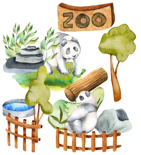 Watercolor illustration of pandas at the zoo, isolated scene hand drawn on a white background