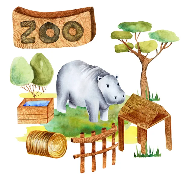 Illustrazione Acquerello Ippopotamo Allo Zoo Scena Isolata Disegnata Mano Sfondo — Foto Stock