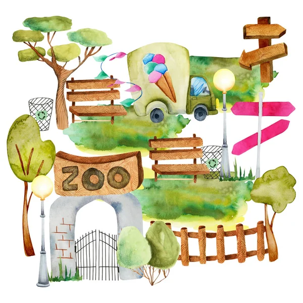 Watercolor illustration of zoo, isolated scene hand drawn on a white background