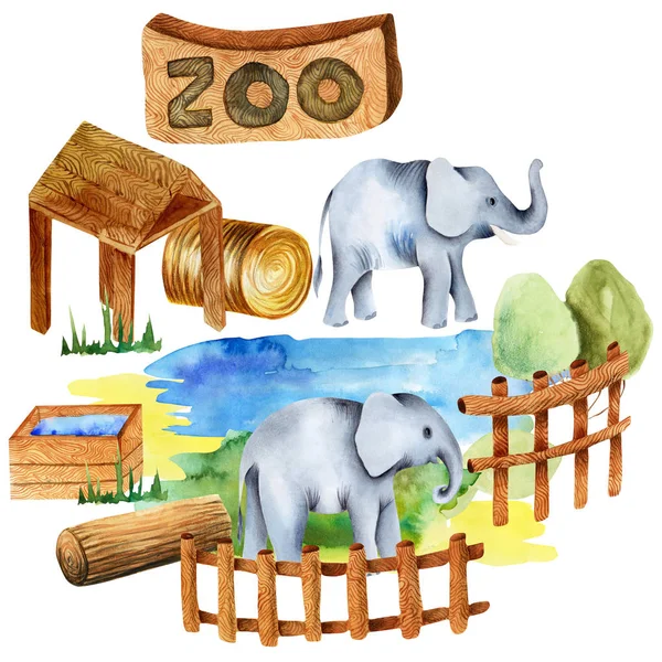 동물원에서 코끼리의 수채화 배경에 그려진 — 스톡 사진