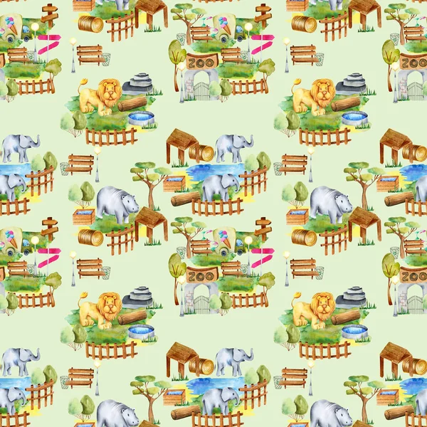 Watercolor lions, elephants and hippopotamus at the zoo seamless pattern, hand drawn on a green background