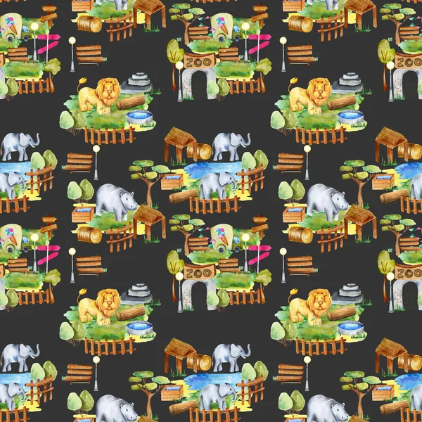 Akvarel Sloni Hroch Obojživelný Zoo Bezproblémové Vzory Ručně Tažené Tmavém — Stock fotografie