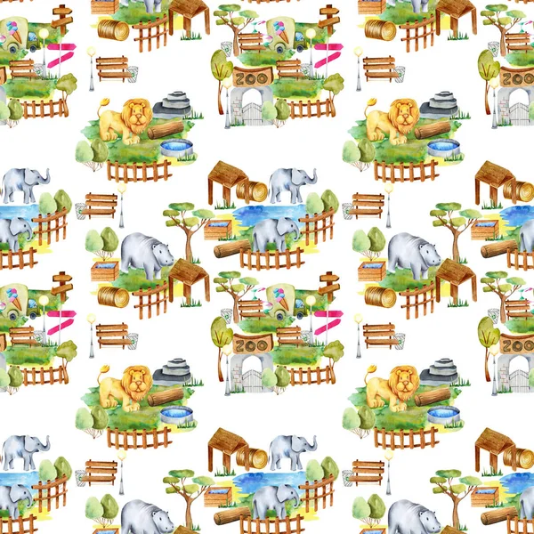 Watercolor lions, elephants and hippopotamus at the zoo seamless pattern, hand drawn on a white background