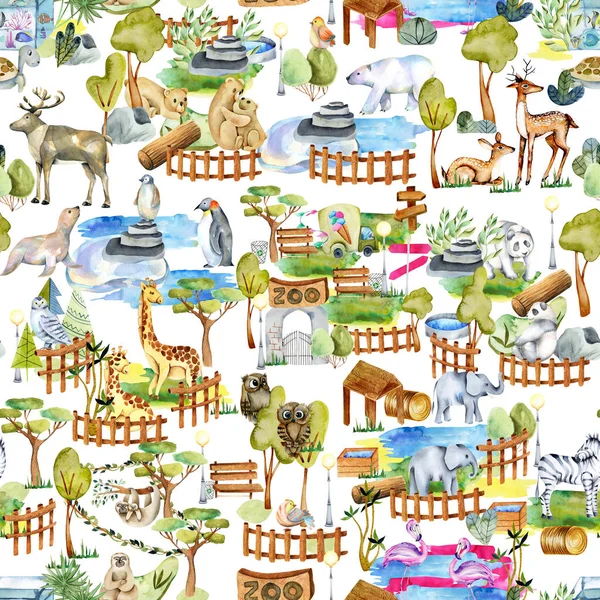 Watercolor Animals Zoo Seamless Pattern Hand Drawn White Background — Stock Photo, Image