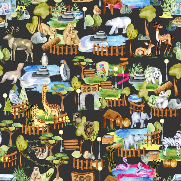 Aquarell Tiere Zoo Nahtloses Muster Handgezeichnet Auf Dunklem Hintergrund — Stockfoto
