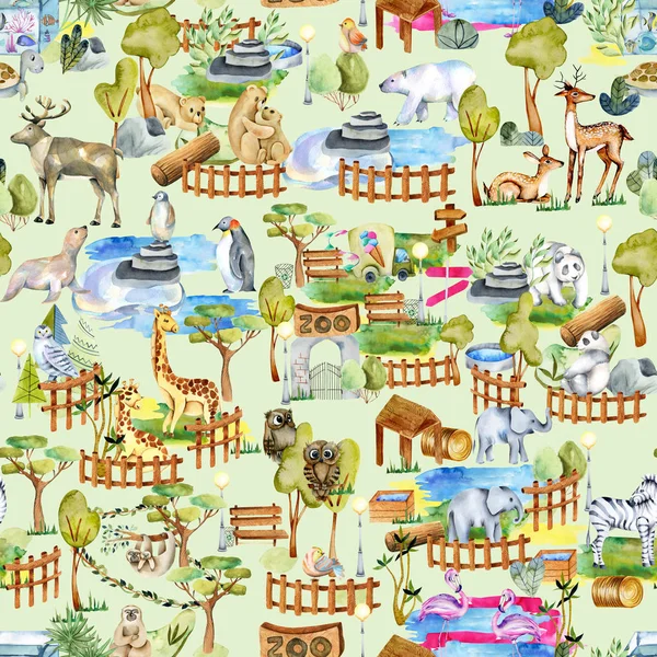 Watercolor Animals Zoo Seamless Pattern Hand Drawn Green Background — Stock Photo, Image