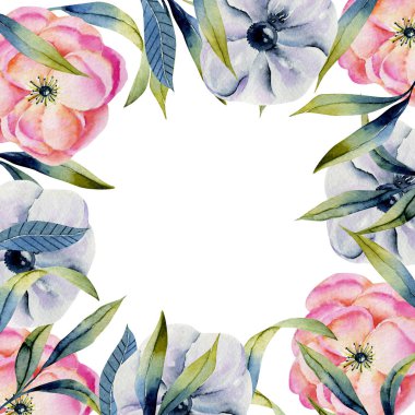 Suluboya pembe ve mor anemonlar ve yeşil otlar ile Kart şablonu, el beyaz bir arka plan üzerine boyanmış