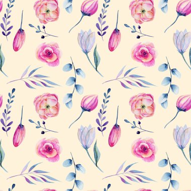 Suluboya pembe şakayık ve mavi dalları dikişsiz desen, el kremsi bir arka plan üzerine çizilmiş