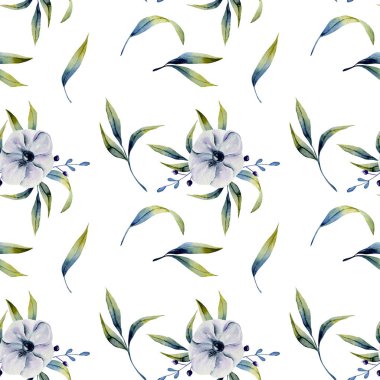 Suluboya beyaz anemonlar ve yeşil otlar dikişsiz desen, el beyaz bir arka plan boyalı