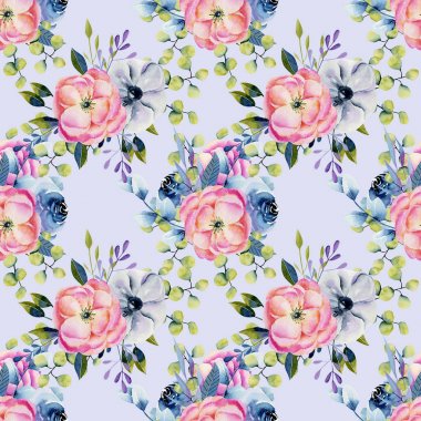 Mavi gül ve pembe şakayık dikişsiz desen suluboya buketleri, el mavi bir arka plan üzerine çizilmiş